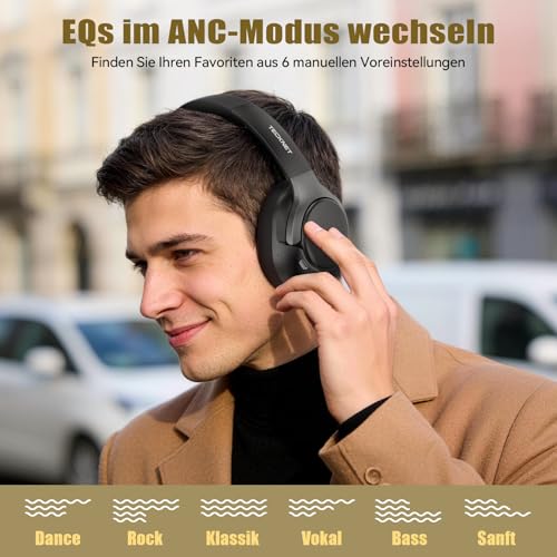 TECKNET Over Ear Bluetooth Headphones with Hybrid Active Noise Cancelling, Wireless Bluetooth 6.0 Headphones, 70 Hours Playback Time, 6 EQ Modes, 3.5 mm Audio Cable for Home, Travel and Office, Black
