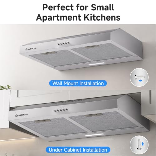 AAOBOSI A++ Cappa Aspirante 60 cm, 3 Livelli di Potenza, 230m³/h Cappa Cucina, Ricircolo e Scarico Aria con Filtro, Dotato di LED, Acciaio Inox Argento