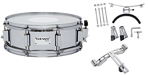 GEWA marching drum small, chrome steel shell with red historical hoop, 13 x 5, 8 tension rods, Remo USA heads, incl. vent plate and knee rest