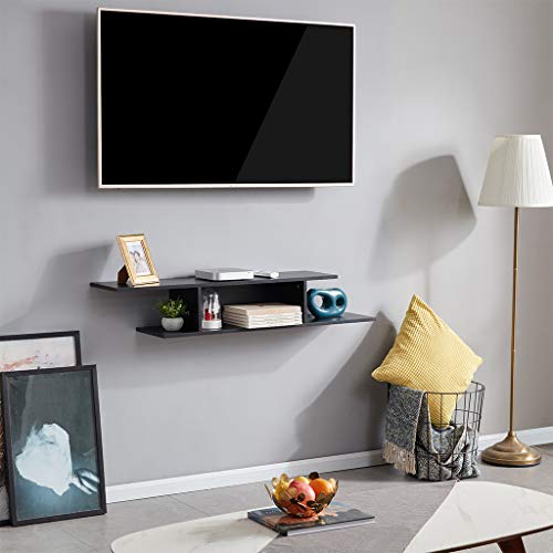 Sunon TV Stand Floating Wall Mounted Entertainment Center Media Console Wood Storage Shelf with Cable Management Slot(Black)