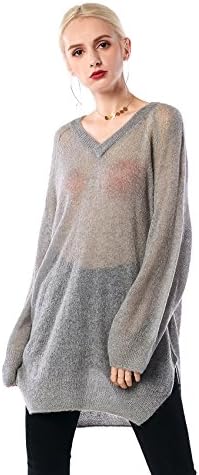Beauty Garden Women's Heart Neck V Neck Long Sleeve See-Through Pullover Sweater Casual Tops With Side Slit