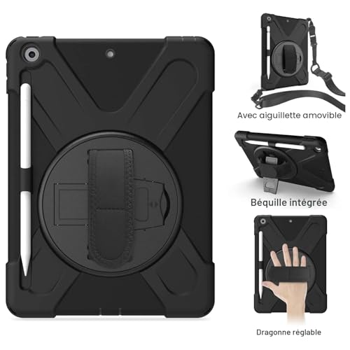 Gerutek Shockproof Case for iPad 9th/8th/7th Generation, 10.2 Inch, Rugged Armor Case with Rotating Stand, Hand Strap & Shoulder Strap, Pen Holder, Sleeve for iPad 10.2 Inch (2021/2020/2019), Black