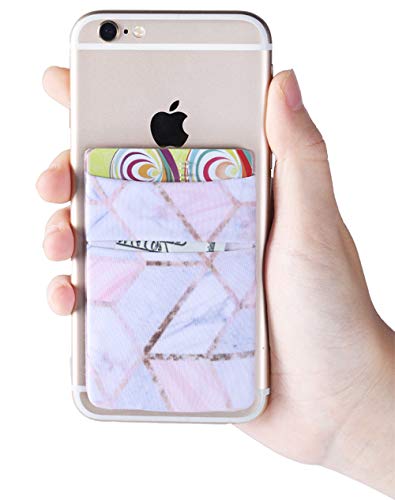 2Pack Phone Card Holder Stretchy Lycra Stick on Wallet Pocket Credit Card ID Case Pouch Sleeve 3M Adhesive Sticker for Back of iPhone Samsung Galaxy Android Smartphones-Rose Gold Marble Double Pocket
