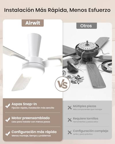 Airwit Ventilador de Techo con Luz LED, 41 Pulgadas, Motor DC Silencioso, 3 Aspas, Abanico de Techo Moderno con Control Remoto para Interior Acabado En Madera Amarilla, Color Madera Clara
