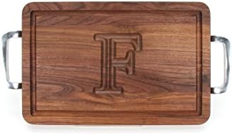 BigWood Boards W210-SPOL-F Thick Cutting Board with Square Polished Aluminum Handle, 10.5-Inch by 16-Inch by 1-Inch, Monogrammed "F", Walnut