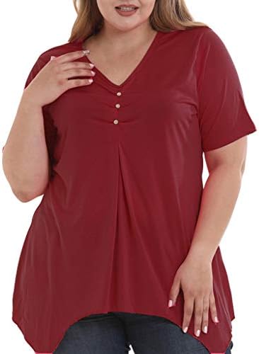 Women's Plus Size Short Sleeve V Neck Solid Basic Loose Casual Pleated T Shirts Tunic Tops Button up Blouse by Uribaky