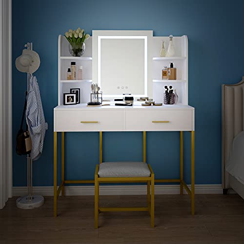 POVISON Vanity Desk with Lighted Mirror, Makeup Vanity Table with Touch