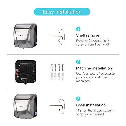 PLUSSEN High Speed Automatic Electric Commercial Hand Dryers for Bathrooms Commercial 1800W Heavy Duty Stainless Steel Hot Air Compact Hand Dryer Blower, Fast Drying in 10 Seconds