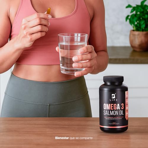 Omega 3 Aceite Puro de Salmón de 200 Cápsulas con 1000 mg por porción. Ingredientes Naturales. Omega 3 Salmon Oil B Life.