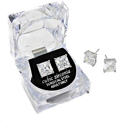 Essentials Plated Round and Square cut Cubic Zirconia Stud Earrings Stainless Steel with case Gold & Silver (3mm to 12mm)