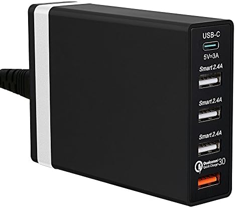 Desktop Charger Usb Type C Charging Station 70W 5-Port desk wall with Quick Charge 3.0 for Galaxy S8/S7/S6/Edge, Note 5 and Smart IC for iPhone 8/X/7/6s/6/Plus, iPad Pro, LG, Nexus, HTC &amp; More-Black