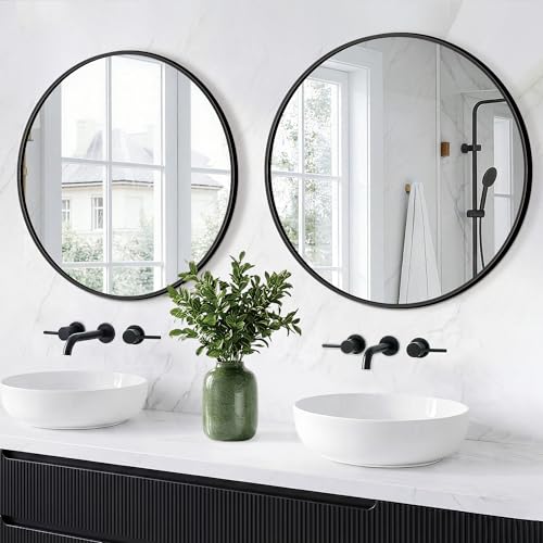 Round Bathroom Mirror for Wall, 2 Pack 26" Black Circle Mirror, Tempered Glass Bathroom Mirror for Over Sink, Modern Metal Framed Round Vanity Mirror for Entryway, Bedroom, Living Room