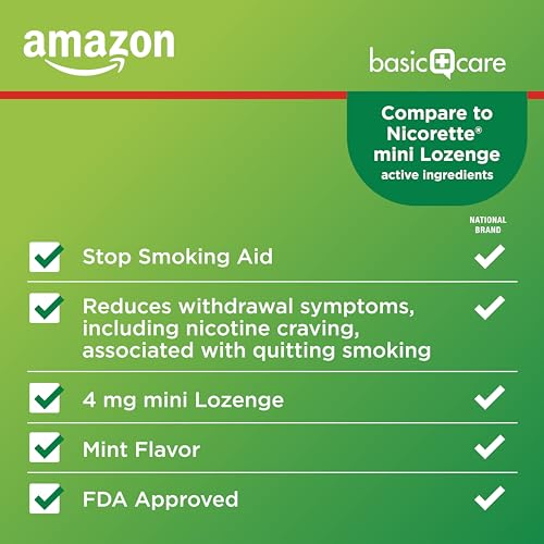 AMAZON BASIC CARE MINI NICOTINE POLACRILEX LOZENGE, 4 MG, MINT FLAVOR, STOP SMOKING AID, REDUCES WITHDRAWAL SYMPTOMS, SMOKING CESSATION, 135 COUNT