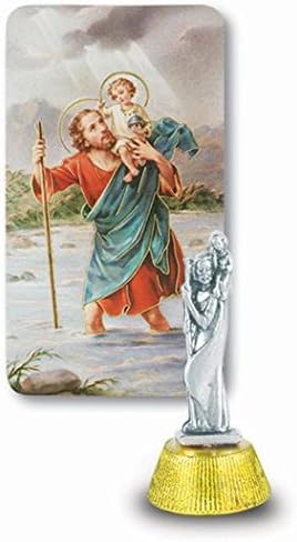 Saint Christopher Auto Statue With Prayer Card Silver With Gold Base