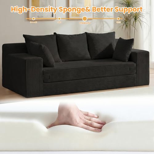Winzoo Convertible Sofa Bed, Pull Out 3 Seater Sleeper Sofa, 70" Black Boneless Couch Fold Out Floor Couch with 5 Pillows for Living Room Bedroom Lounge Small Space