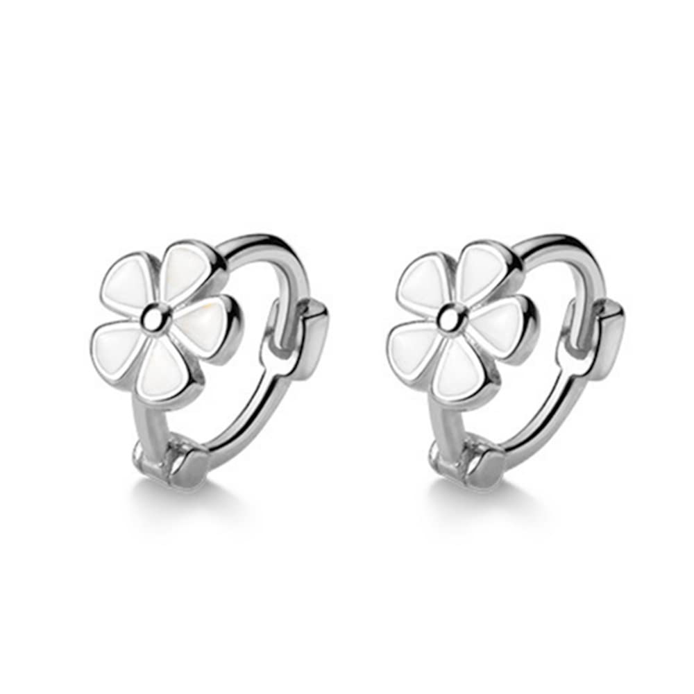 Tiny Flower Small Hoop Earrings for Women Girls Teens S925 Sterling Silver Round Huggie Sweet Daisy Cuff Earring Mini Cartilage Studs Dainty Jewelry Birthday Christmas Gifts Hypoallergenic (Silver)