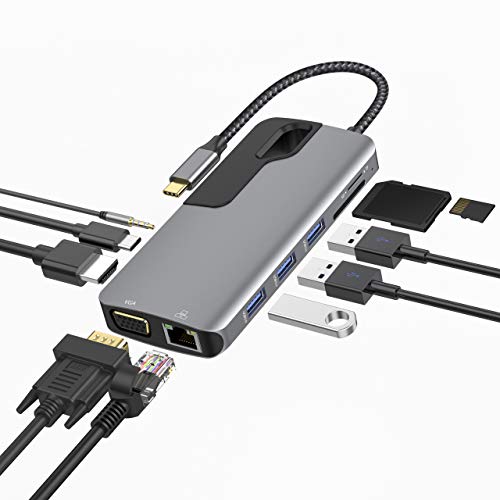 Adapter for MacBook Pro USB C Hub, MacBook Thunderbolt 3 Adapter, MOKiN 10-in-1 USB C Dongle with Gigabit Ethernet,USB C to HDMI VGA Adapter,100W Power Delivery,3 USB 3.0,SD TF Card Reader