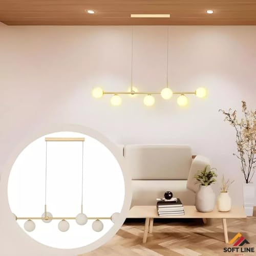 Lustre Pendente Linear 7 Globos de Vidro aluminio soquete para lampadas G9 Dourada Moderno