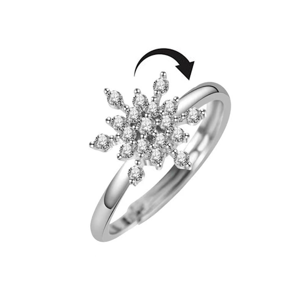 Christmas Snowflake Open Band Rings for Women Girls Cubic Zirconia Stress Relief Spinner Anxiety Tail Finger Coil Rotate Freely Inspirations Stacking Ring Adjustable Charm Birthday Xmas Jewelry Gifts