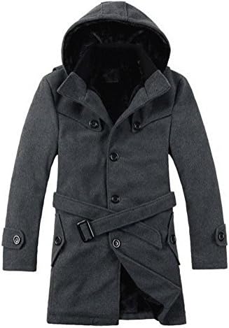WHENOW Men's Winter Thicken Warm Classic Wool Pea Coat Hood Coat Grey XXL(Bust51.2")