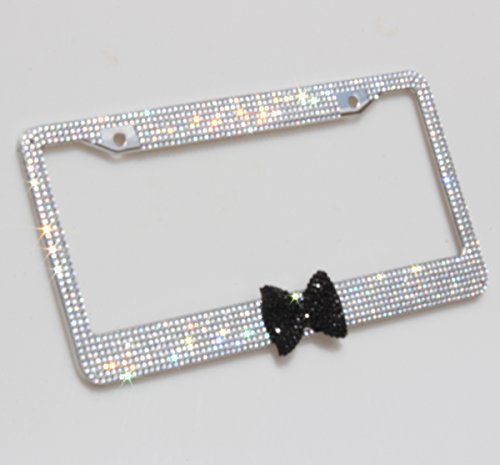 Carfond 7 Row Pure Handmade Waterproof Bling Bling Rhinestones Stainless Steel Metal License Plate Frame With Bow 2 Holes Bonus Matching Screws & Caps (white/black bowtie)