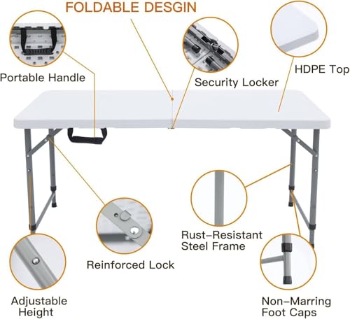 MOMENT Foldable Lightweight Trestle Outdoor Camping Tables, Heavy Duty Plastic Outdoor Folding Picnic Table, Folding Trestle Table For BBQ Party, Folds in Half with Carry Handle, White