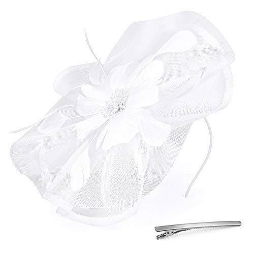 Fascinator Hat Jack & Rose Flower Feather Net Mesh Kentucky Derby Tea Party Headwear with Hair Clip and Hairband for Women or Girls (White)