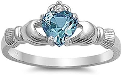 Irish Claddagh Ring: 925 Sterling Silver AAA Quality CZ Heart Promise Ring (Choose Your Color) (sterling-silver Blue Zircon, 6)