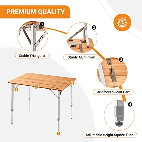 KingCamp Bamboo Folding Camping Table 4 Folds Lightweight with
