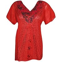 Mogul Interior Amelia Womens Blouse Hand Embroidered Bohemian Bikini Swimwear Beach Cover Up Tunic Top L