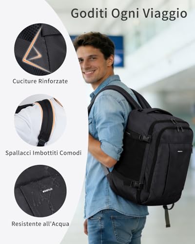 ECOHUB Ryanair Travel Backpack 40 x 30 x 20 cm 13 Pockets Hand Luggage Under the Seat Handle Eco Friendly Airplane Bag in Recycled PET 24 Litres, Patented (Black)
