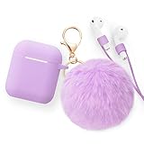 for Airpods Case - BlUEWIND Drop Proof Air Pods Protective Pom Pom Keychain Case Cover Silicone Skin for Apple Airpods 2 & 1 Charging Case, Cute Fur Ball Airpods Keychain/Strap, Lavender Purple