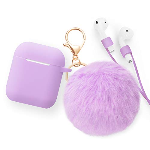 for Airpods Case - BlUEWIND Drop Proof Air Pods Protective Pom Pom Keychain Case Cover Silicone Skin for Apple Airpods 2 & 1 Charging Case, Cute Fur Ball Airpods Keychain/Strap, Lavender Purple