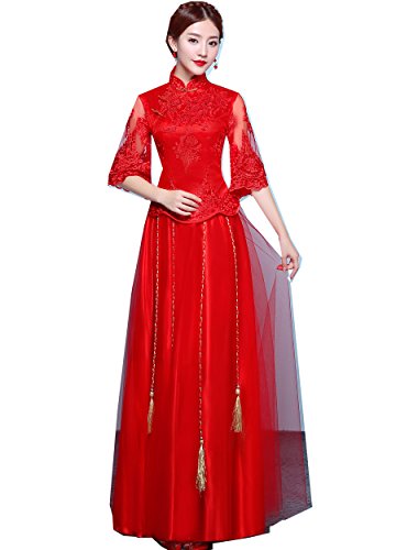 Shanghai Story Lace Half Sleeve Chinese Wedding Qipao Traditional Clothing XL Red