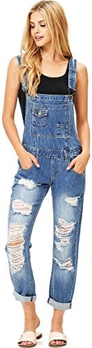 Machine Women's Juniors Loose Fit Distressed Overalls (M, Denim)