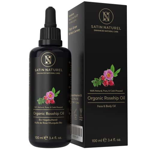Hagebuttenöl BIO Kaltgepresst – 100ml Gesichtsöl – Vegan - Lichtschutz Glas-Flasche – Sanftes Rosenöl Gesicht & Rosenöl für Kosmetik von Satin Naturel – Rosehip Oil - Face Oil