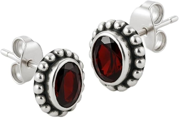 Oval Shape Modern 8 x 6 mm Mozambique Garnet Gemstone Stud Earrings for Women & 925 sterling silver plated Red Colour Boho Stud Earrings Handmade Jewellery