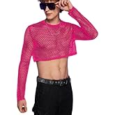 WDIRARA Men's See Through Fishnet Mesh Long Sleeve Sheer Crop Tops Party Club Top