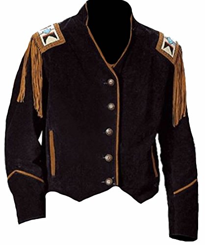 Classyak Men's Western Cowboy Fringed & Beaded Suede Leather Coat Black Medium