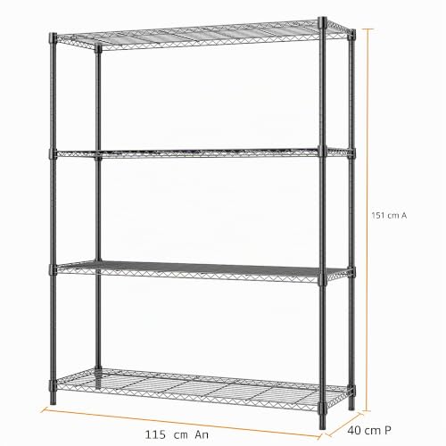 M MZG Heavy Duty 4 Tier Metal Shelving Unit, Up to 636 kg, Adjustable Shelves for Garage, Workshop and Warehouse, Studio, Black, 40 x 115 x 151 cm