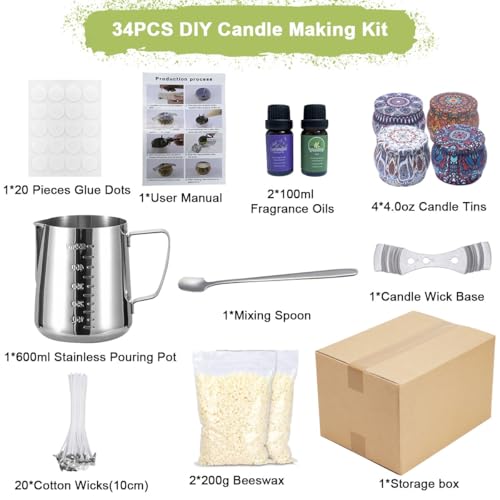 Candle Making Kit DIY Candles Craft Tools for Adult Beginner, Scented Candle Maker Gift Set Full Wax Cup Candle Making Supply with Wicks Beeswax Wick Holder Sticker Pot Essential Oils Candle Jars