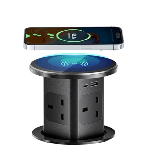 LBOYLOVE® 7-in-1 Pop up Socket – Automatic Power Outlet with 15W Wireless Charger, 4 AC Outlets, 1 USB-A & 1 USB-C for Kitchen Worktops & Desk Countertops