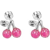 20G Cherry Screw Flat Back Small Stud Earrings for Women Stainless Steel Silver Plated Cute pink Resin Lovely Sweet Food Fruit Cartilage Tragus Piercing Little Studs Hypoallergenic Fashion Jewelry