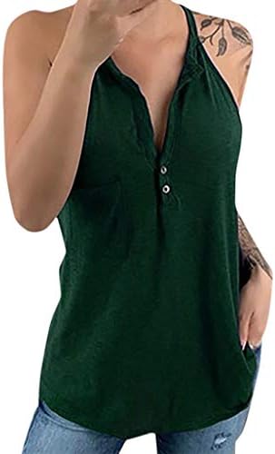 Womens V Neck Tank Tops SADUORHAPPY Solid Color Sleeveless Henley Shirts Button Up Casual Tunic Tees (M, Green)