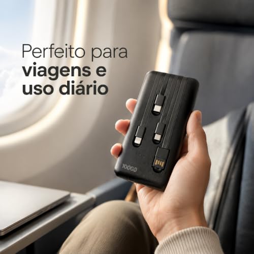 Power Bank Carregador Portátil Universal 10000mAh com Cabos Integrados USB-A, USB-C (Type-C), Micro-USB e USB-Light Carregamento Rápido Bateria Externa Compacta para Celular Android iOS