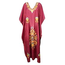 Mogul Interior Womens Caftan Maxi Dress Maroon Silk Embroidered Kaftan One Size