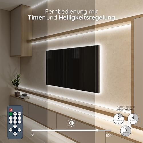 COB LED Streifen 5m Kaltweiss, LED Strip Lights Cold White, LED Band Indirekte Beleuchtung Dimmbar Weiß Deko TV Küche. Inklusive Selbstklebend, Fernbedienung und Netzteil 24V. 480LED/m, 6500K