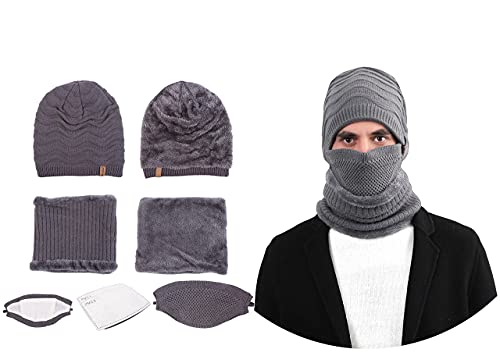 Winter Hat Outdoor Wind Proof 3pcs Unisex Knit Hat Skull Cap Knit Slouchy Beanie Wool Hat Ski Hat with Neck Warmer Scarf, Cloth Mask and Pocket Filter (Cap Grey)