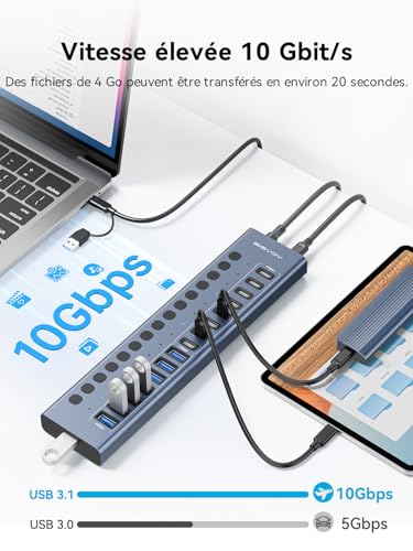 Hub USB 3.2 alimenté, ACASIS USB Hub 10Gbps 16 ports (8 ports USB-A 3.2 + 8 ports USB-C 3.2) en Aluminium, Multi Hub USB avec adaptateur d'alimentation 96 W, Hub USB Alimenté pour PC/Macbook/Clé USB