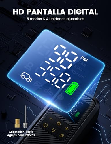 Lamicall Compresor de Aire Portatil – [5 Veces Más Rápido] Compresor de 150 PSI, con Pantalla Digital y Luz LED, Apagado Automático Inflador de Llantas para Auto, Moto, Bici y Balones